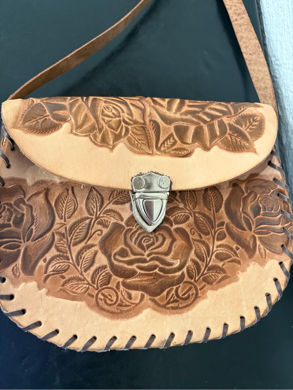 Vintage Mexican Hand-Tooled Floral Leather Crossbody Bag - Tan
